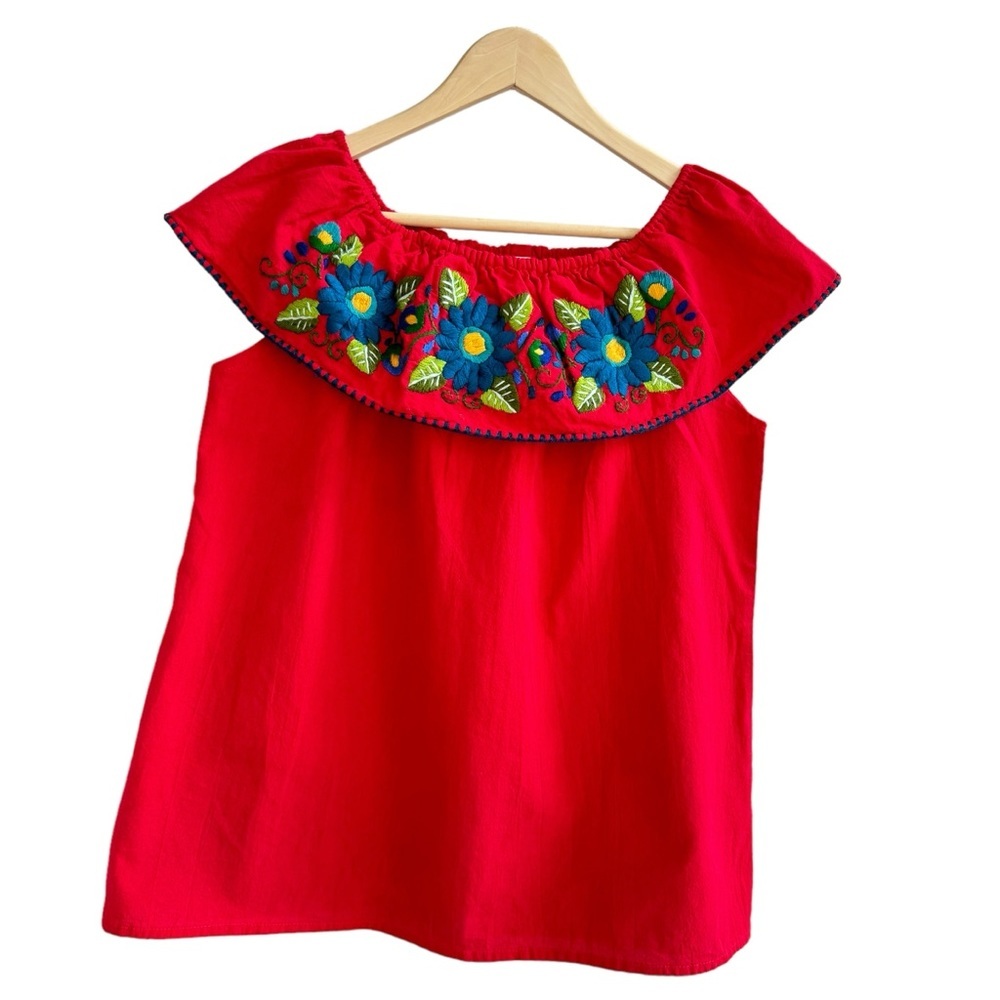 Handmade Top Womens Mexican Red Floral Embroidery Off The Shoulder Top Size‎ XL